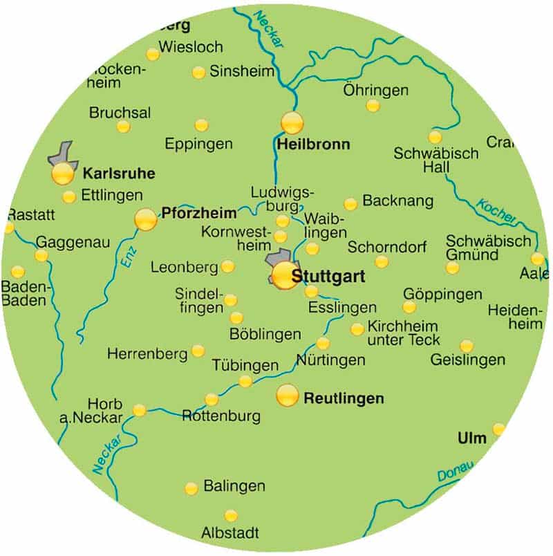 Service area map for regional and long-distance moves in Stuttgart